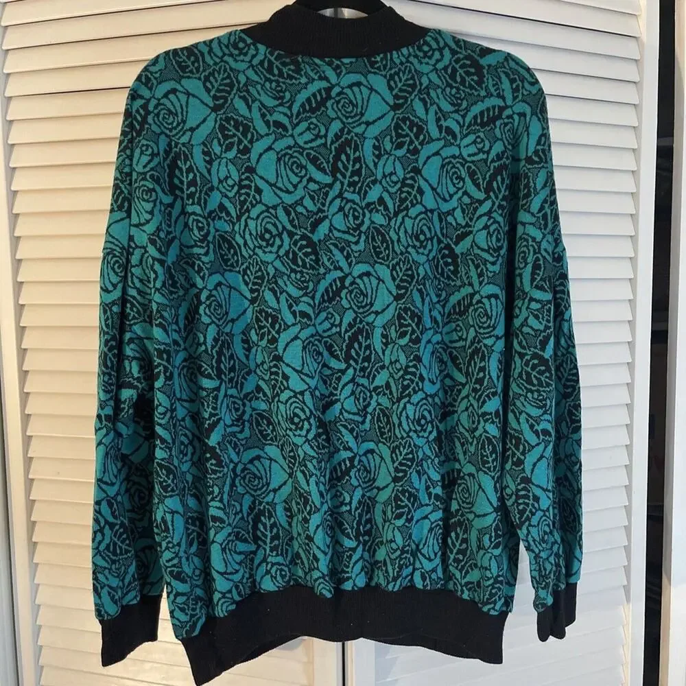 Vintage 90s Young‎ Stuff Green Floral Sweater